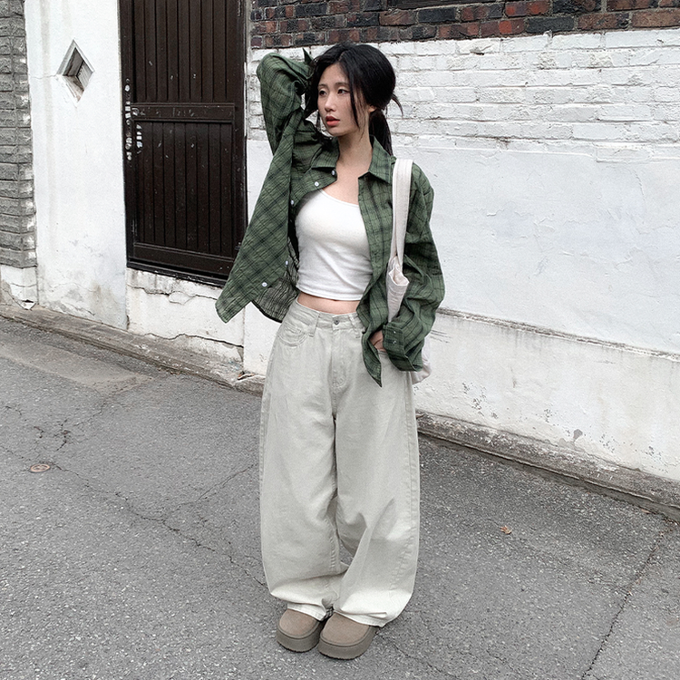 ビンテージチェックロングシアーシャツ(6color) KHAKI