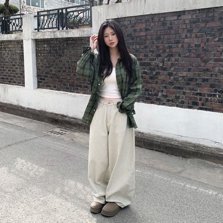 ビンテージチェックロングシアーシャツ(6color) KHAKI