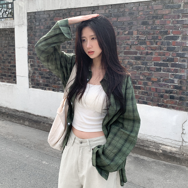 ビンテージチェックロングシアーシャツ(6color) KHAKI