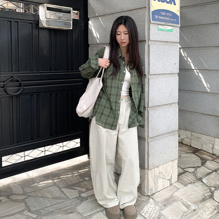 ビンテージチェックロングシアーシャツ(6color) KHAKI