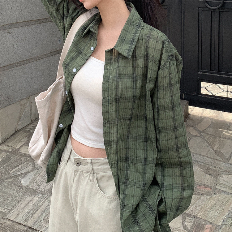 ビンテージチェックロングシアーシャツ(6color) KHAKI