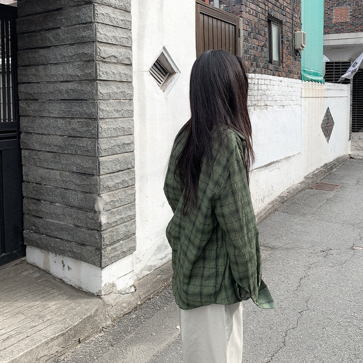 ビンテージチェックロングシアーシャツ(6color) KHAKI