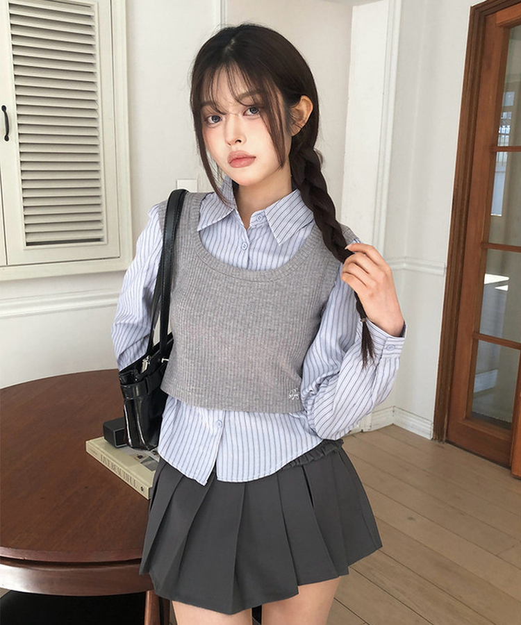 一体型レイヤードビスチェシャツ GREY