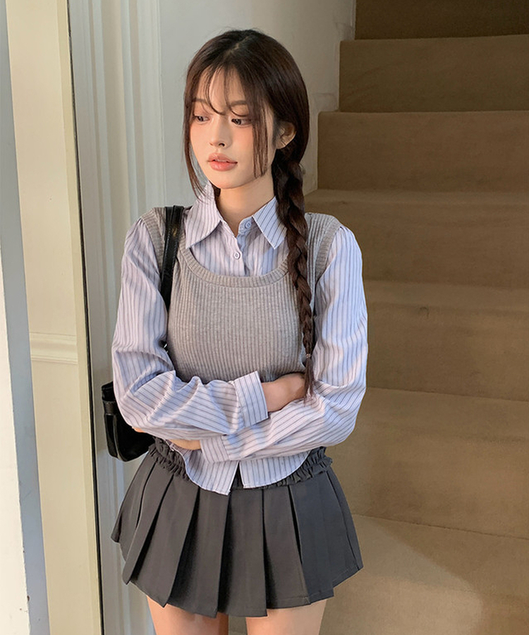 一体型レイヤードビスチェシャツ GREY