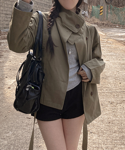 ハイネックコットンショートトレンジャケット KHAKI