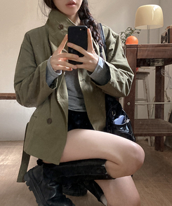 ハイネックコットンショートトレンジャケット KHAKI