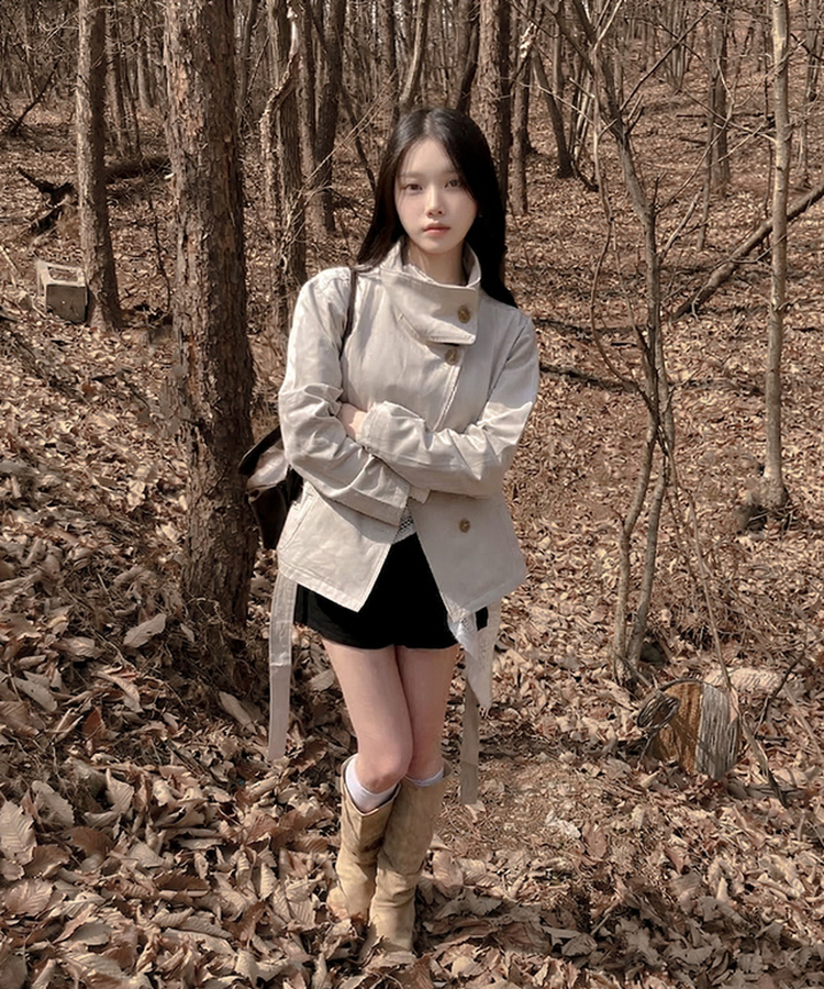드로우 하이넥 코튼 숏 트렌치 야상 자켓 회베이지