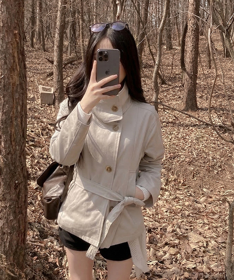 드로우 하이넥 코튼 숏 트렌치 야상 자켓 회베이지