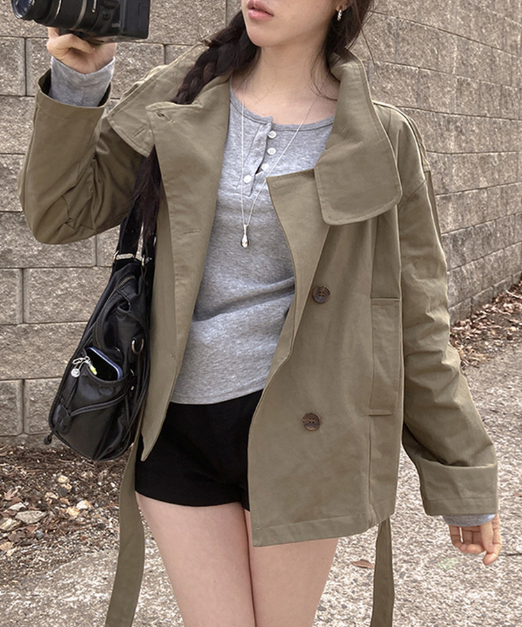 드로우 하이넥 코튼 숏 트렌치 야상 자켓 카키