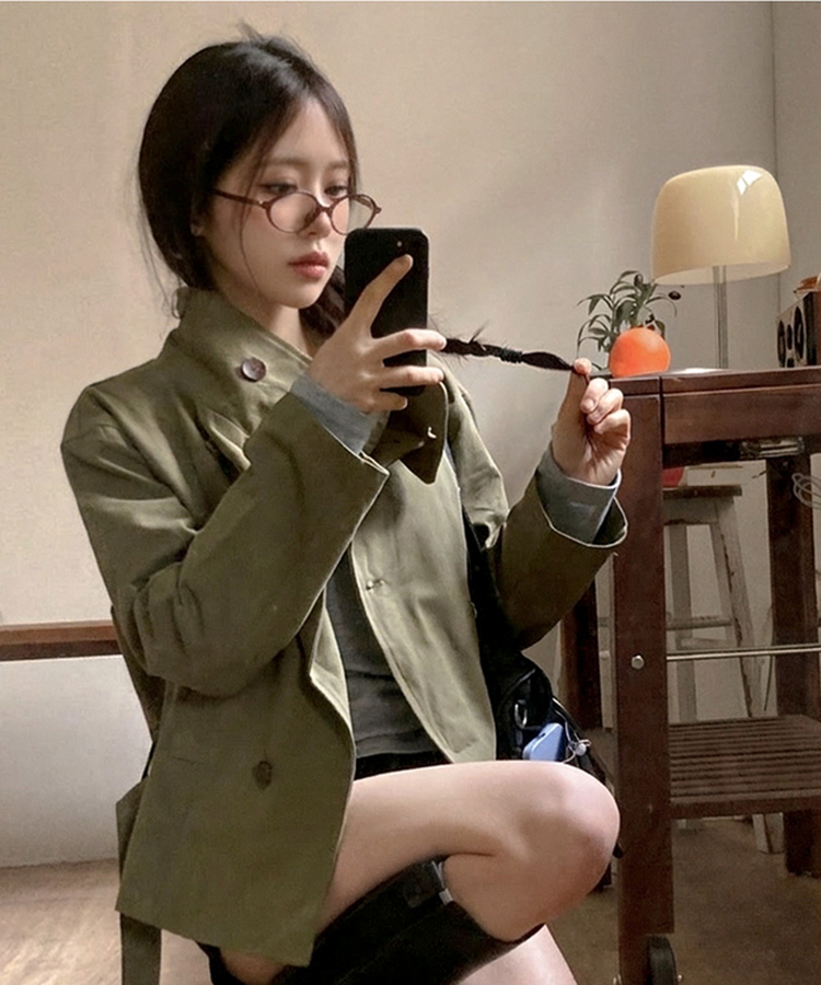 드로우 하이넥 코튼 숏 트렌치 야상 자켓 카키