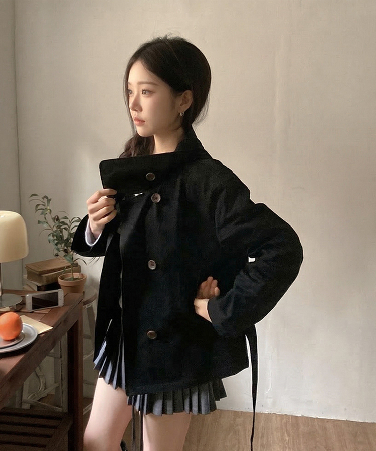 드로우 하이넥 코튼 숏 트렌치 야상 자켓 블랙