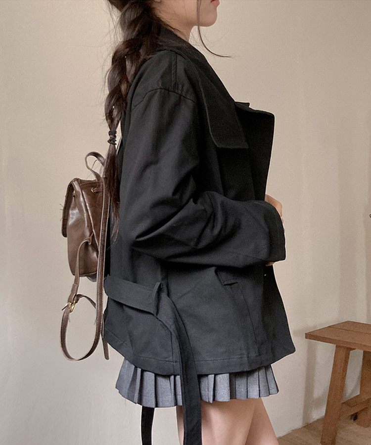 드로우 하이넥 코튼 숏 트렌치 야상 자켓 블랙