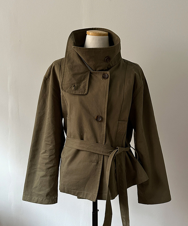 드로우 하이넥 코튼 숏 트렌치 야상 자켓