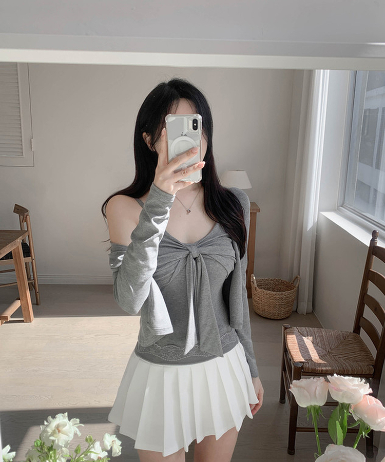 【SET】【カップ付き】リボンキャミソール カーディガン GRAY