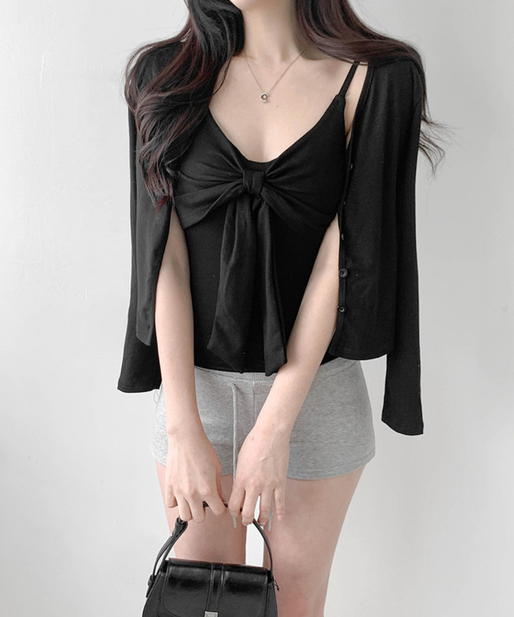 【SET】【カップ付き】リボンキャミソール カーディガン BLACK