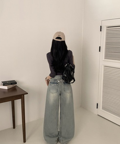 【丈別】ハイウエストウォッシングワイドデニムパンツ LIGHT DENIM