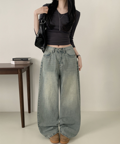 【丈別】ハイウエストウォッシングワイドデニムパンツ LIGHT DENIM