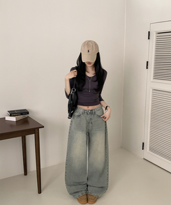 【丈別】ハイウエストウォッシングワイドデニムパンツ LIGHT DENIM