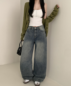 【丈別】ハイウエストウォッシングワイドデニムパンツ MID DENIM