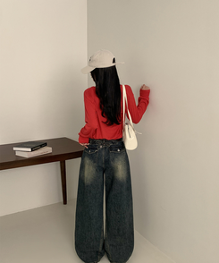 【丈別】ハイウエストウォッシングワイドデニムパンツ DEEP DENIM