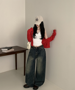 【丈別】ハイウエストウォッシングワイドデニムパンツ DEEP DENIM