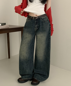 【丈別】ハイウエストウォッシングワイドデニムパンツ DEEP DENIM