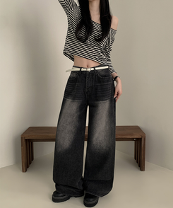 【丈別】ハイウエストウォッシングワイドデニムパンツ BLACK DENIM