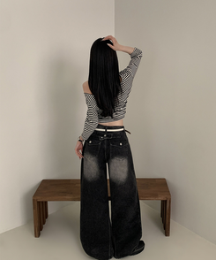 【丈別】ハイウエストウォッシングワイドデニムパンツ BLACK DENIM