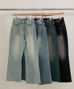 【丈別】ハイウエストウォッシングワイドデニムパンツ