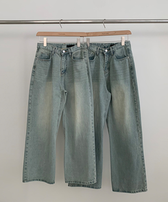 【丈別】ハイウエストウォッシングワイドデニムパンツ