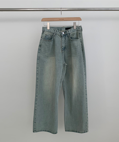 【丈別】ハイウエストウォッシングワイドデニムパンツ