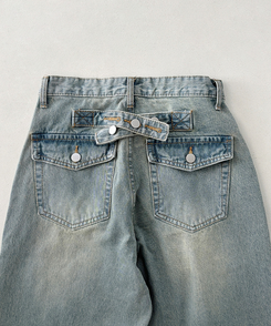 【丈別】ハイウエストウォッシングワイドデニムパンツ