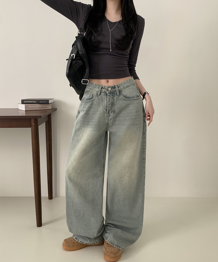 【丈別】ハイウエストウォッシングワイドデニムパンツ LIGHT DENIM