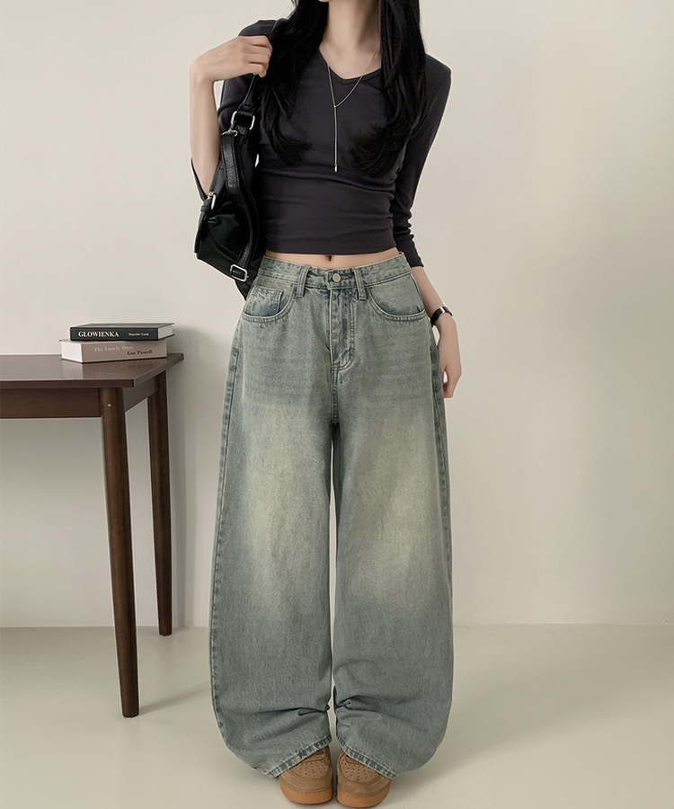 【丈別】ハイウエストウォッシングワイドデニムパンツ LIGHT DENIM