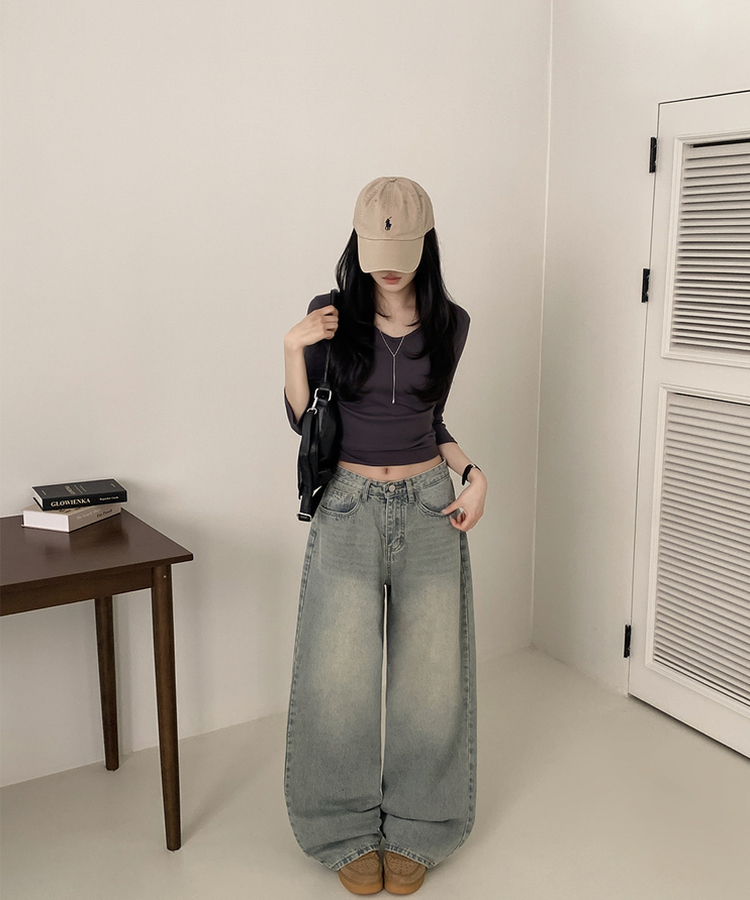 【丈別】ハイウエストウォッシングワイドデニムパンツ LIGHT DENIM