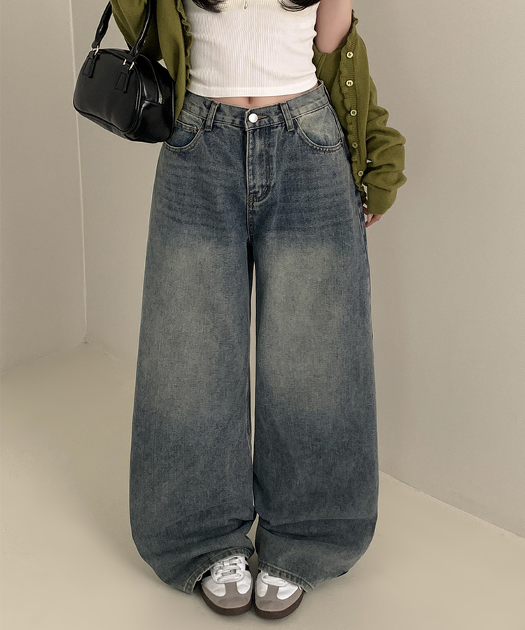 【丈別】ハイウエストウォッシングワイドデニムパンツ MID DENIM