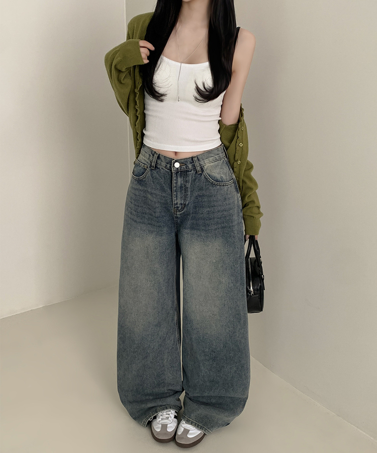 【丈別】ハイウエストウォッシングワイドデニムパンツ MID DENIM
