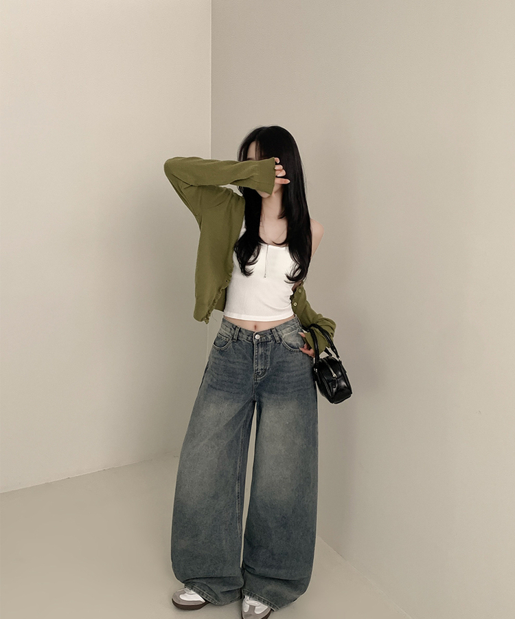 【丈別】ハイウエストウォッシングワイドデニムパンツ MID DENIM