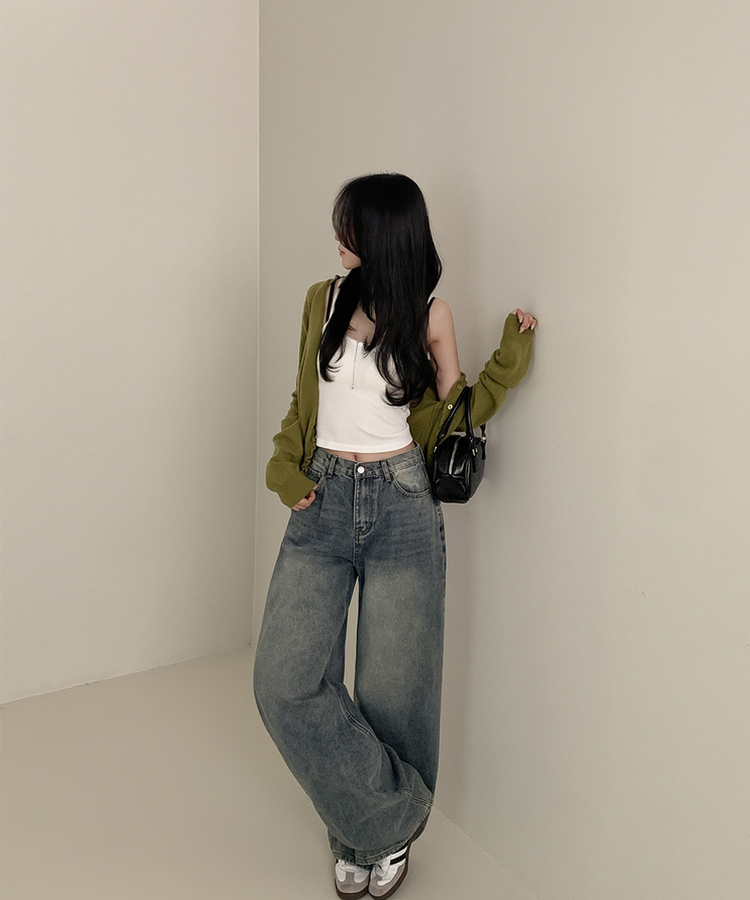 【丈別】ハイウエストウォッシングワイドデニムパンツ MID DENIM