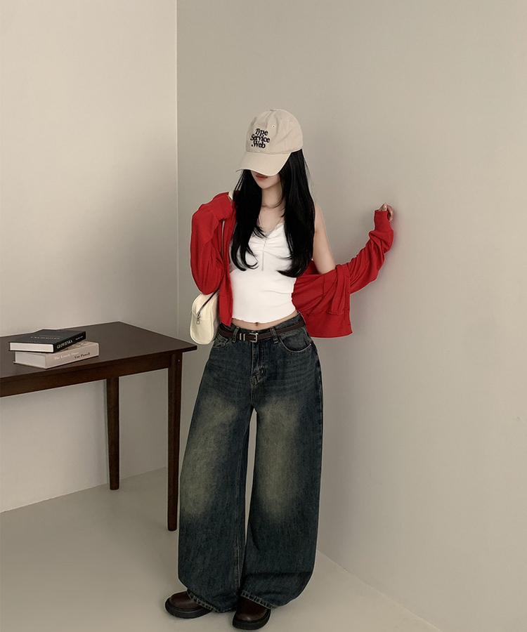 【丈別】ハイウエストウォッシングワイドデニムパンツ DEEP DENIM