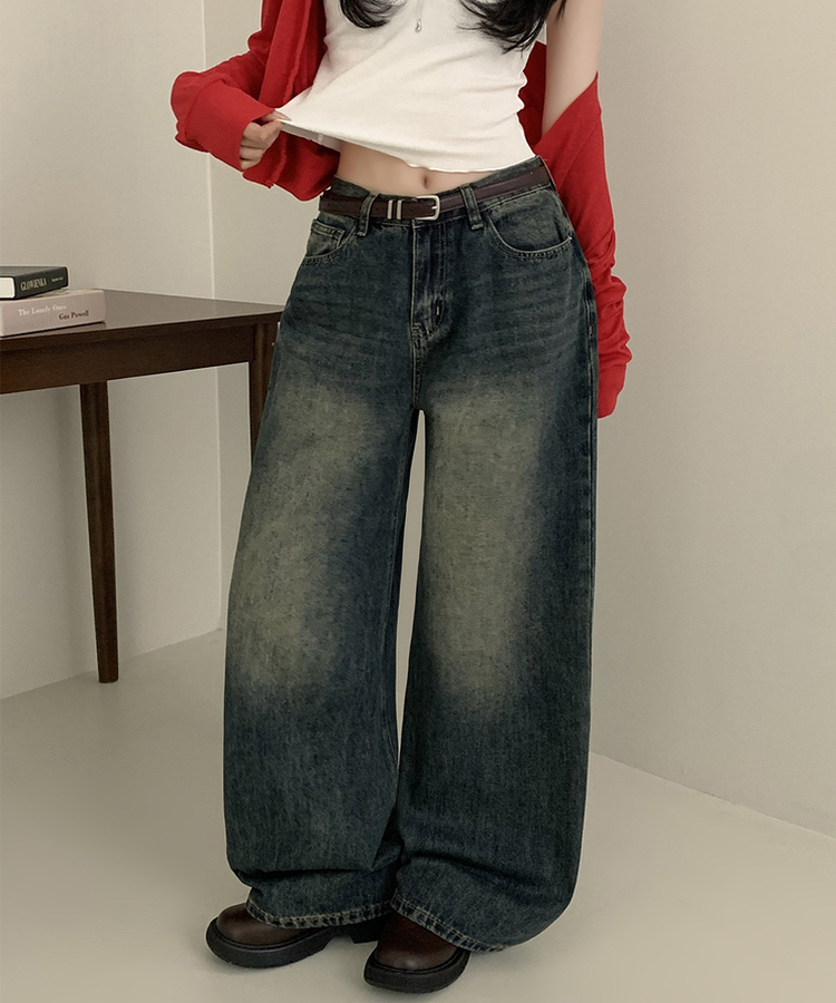 【丈別】ハイウエストウォッシングワイドデニムパンツ DEEP DENIM