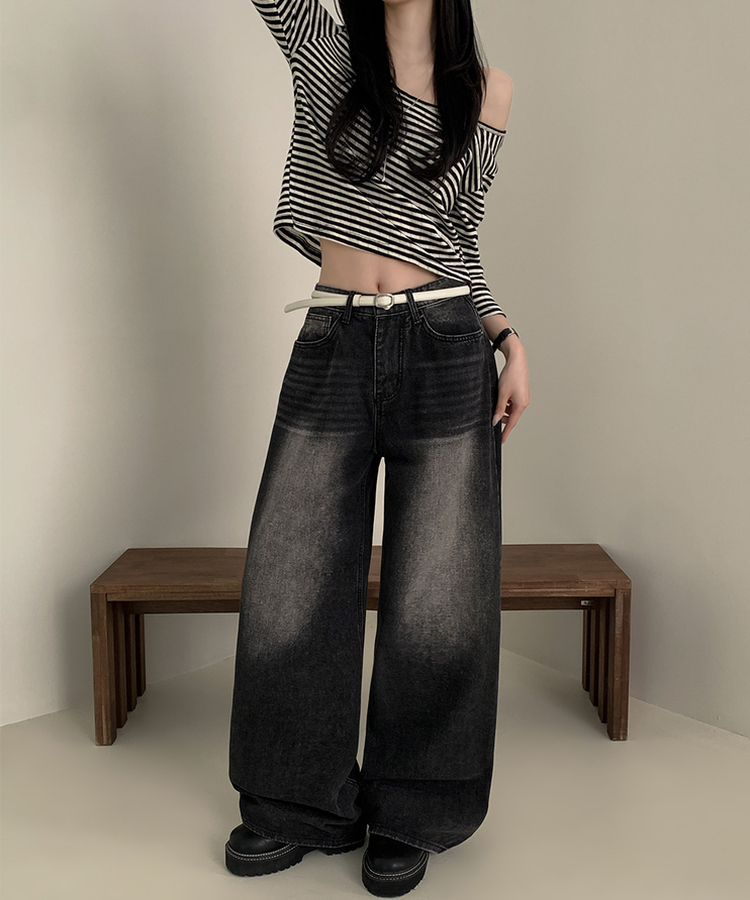 【丈別】ハイウエストウォッシングワイドデニムパンツ BLACK DENIM