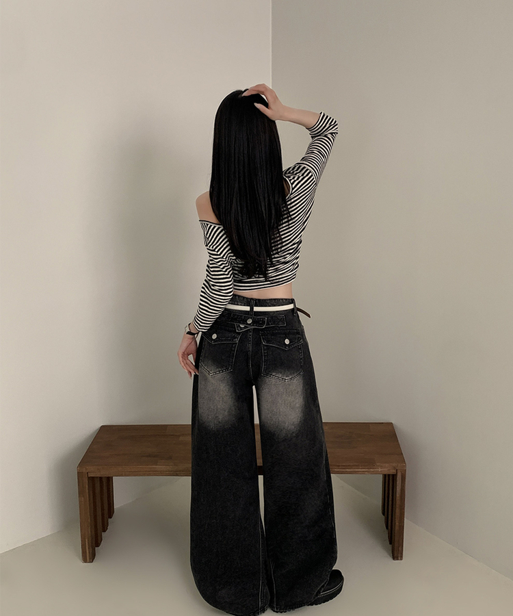 【丈別】ハイウエストウォッシングワイドデニムパンツ BLACK DENIM