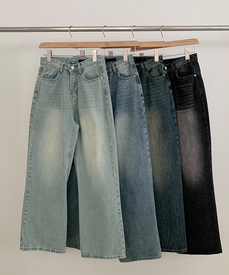 【丈別】ハイウエストウォッシングワイドデニムパンツ