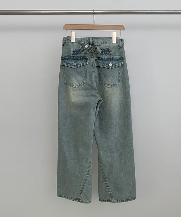 【丈別】ハイウエストウォッシングワイドデニムパンツ