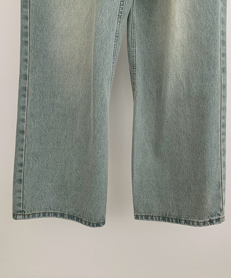 【丈別】ハイウエストウォッシングワイドデニムパンツ