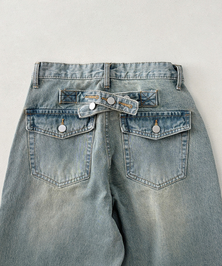 【丈別】ハイウエストウォッシングワイドデニムパンツ