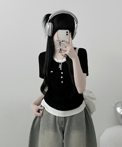 レイヤードシアリング半袖Tシャツ BLACK