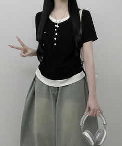 レイヤードシアリング半袖Tシャツ BLACK