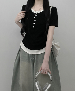 レイヤードシアリング半袖Tシャツ BLACK